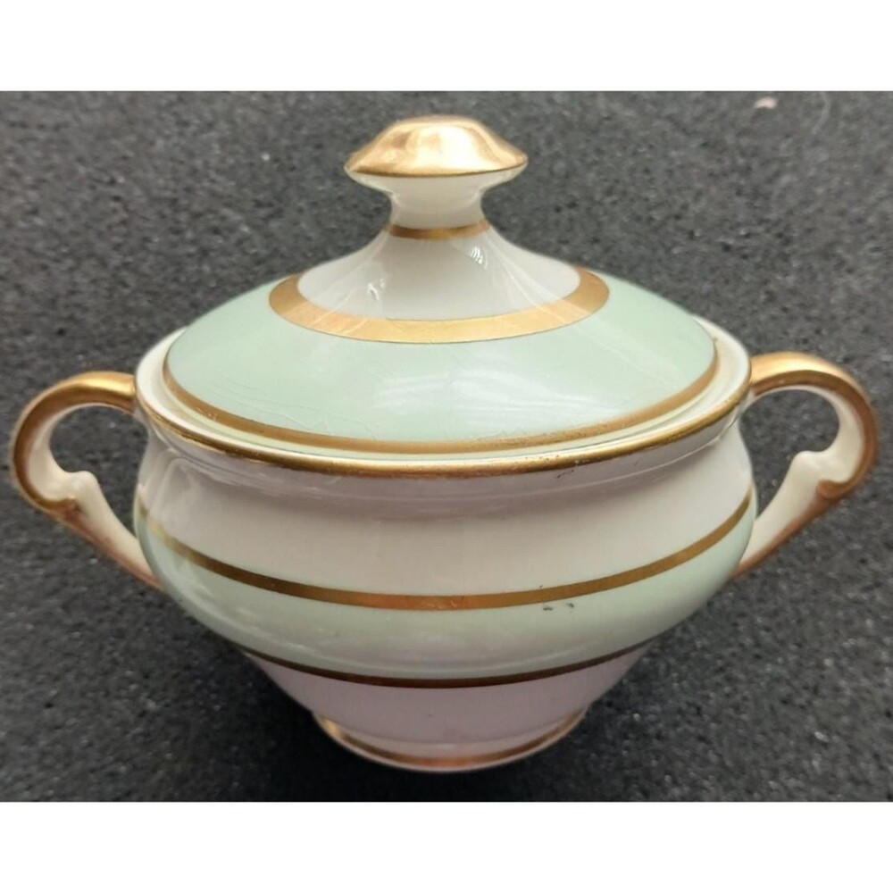 Mikasa Gold Coin L9324 Porcelain Sugar Bowl Lid Mint Green Gold Trim Midcentury